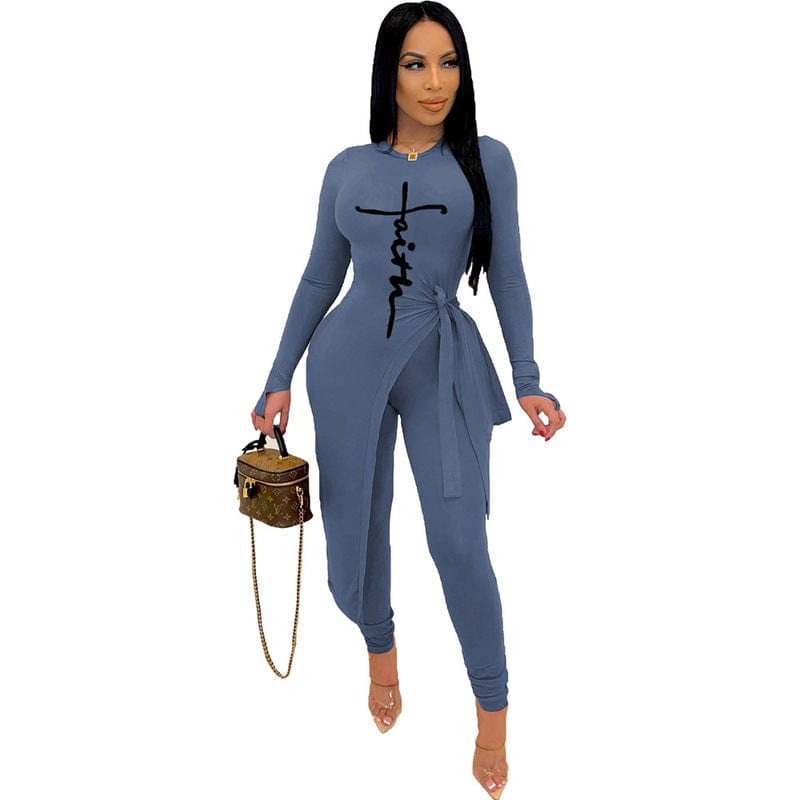 S / Blue Z67973 Fall Fashion clothing women Casual Print  two piece long outfits joggers set