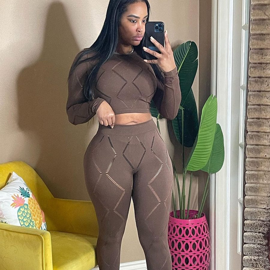 S / Brown Kliou K22S22935 Autumn new design fashion women's suit Long-sleeved umbilical top + tight pants hollow-out 2 Piece set women