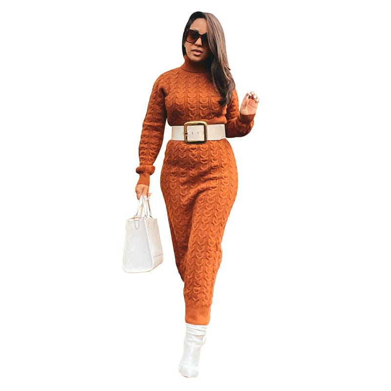 S / Brown( no belt) fall winter 2022 luxury designer brand black graphic ribbed stripe turtleneck long sweater dress long pullover knit custom women