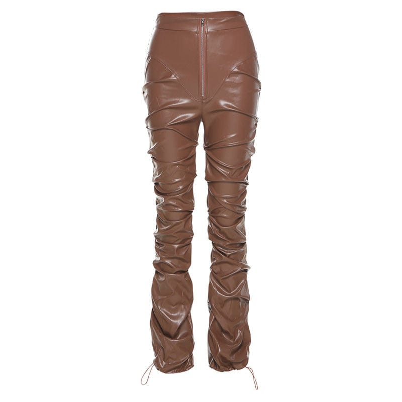 S / Brown OUDINA Hot Selling High Waist Casual Trousers Zipper Pleated Brown Stacked Pant Women Leather Pants