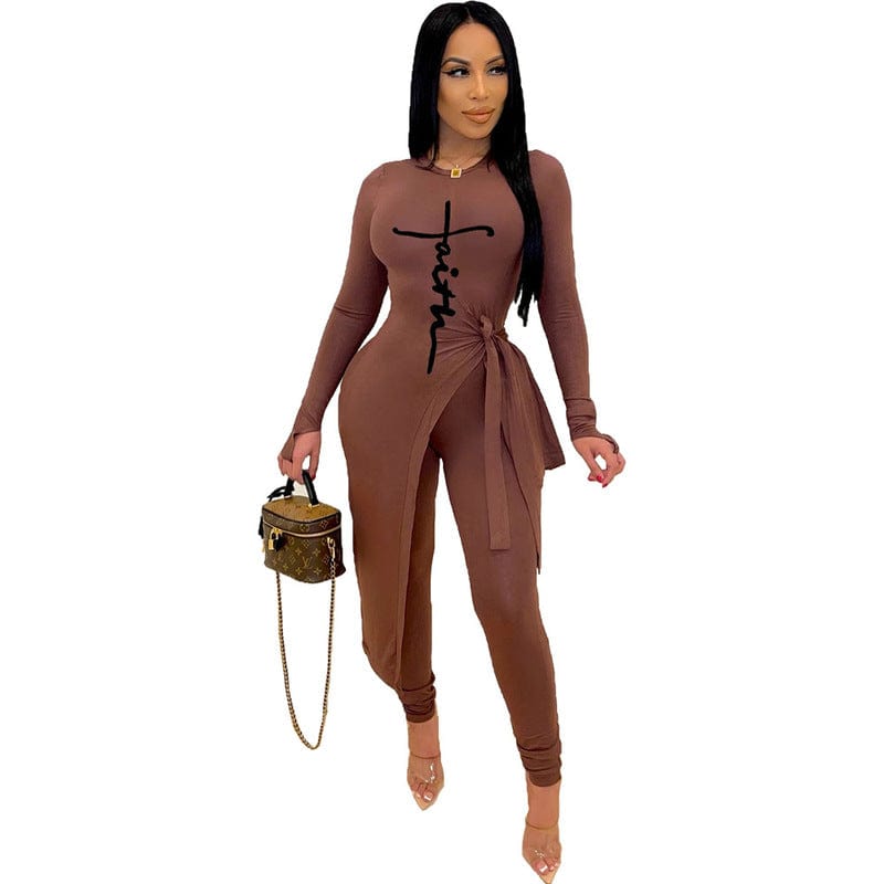 S / Brown Z67973 Fall Fashion clothing women Casual Print  two piece long outfits joggers set