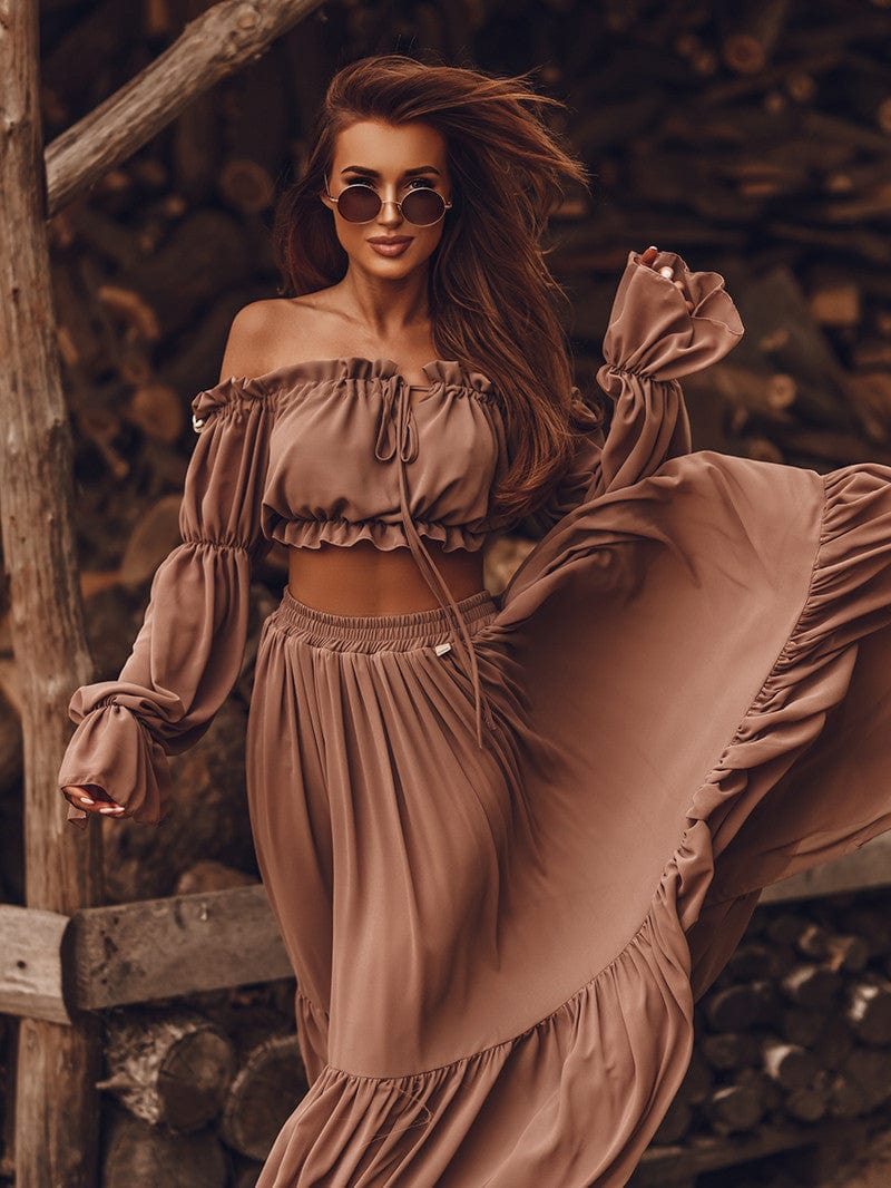 S / Burgundy 2022 New Spring&Fall Sexy Chiffon dress set Long Sleeve Maxi Skirts two piece set dresses autumn maxi dress