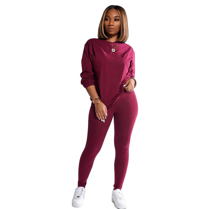 S / Burgundy cotton women 2 piece sets clothing fall long sleeve two piece pants set for women