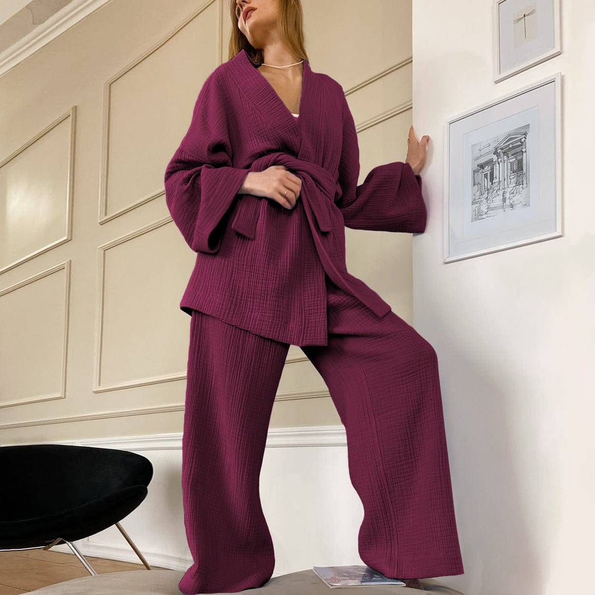 S / Burgundy OOTN Ladies Sleepwear Suit Women's Home Service Mujer Kimono Pajamas 2023 New 100% Cotton Crepe Long-Sleeved Trousers