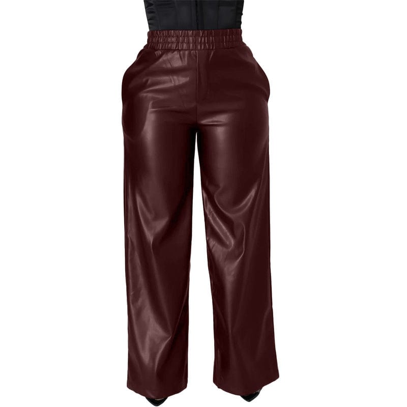 S / Burgundy Z64370 Fashion Casual elastic PU leather High Waist Wide Leg pants Fall Women Trousers