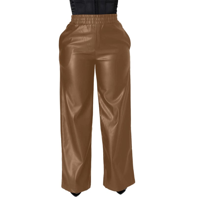 S / Coffee Z64370 Fashion Casual elastic PU leather High Waist Wide Leg pants Fall Women Trousers