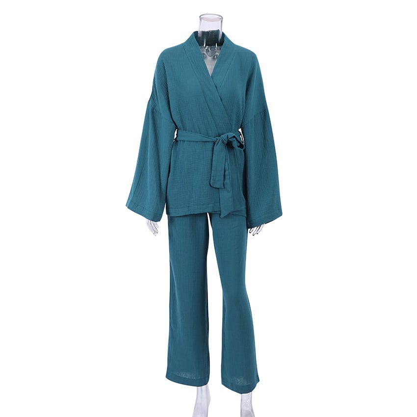 S / Cyan OOTN Ladies Sleepwear Suit Women's Home Service Mujer Kimono Pajamas 2023 New 100% Cotton Crepe Long-Sleeved Trousers