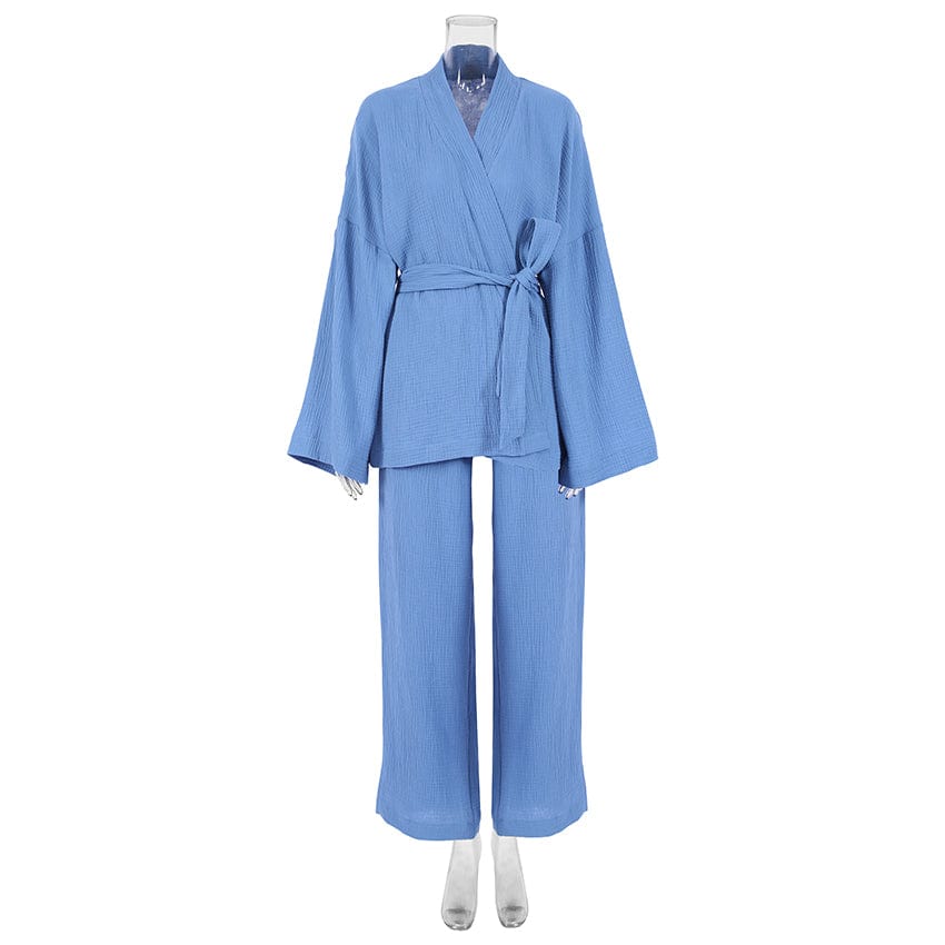 S / Dark blue OOTN Ladies Sleepwear Suit Women's Home Service Mujer Kimono Pajamas 2023 New 100% Cotton Crepe Long-Sleeved Trousers