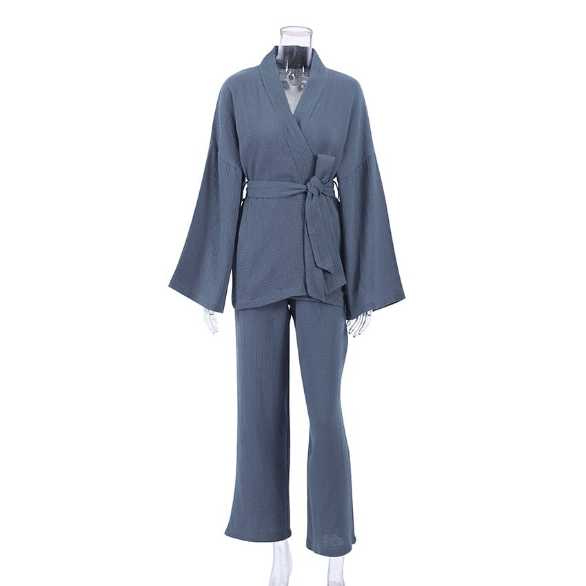 S / Dark Gray OOTN Ladies Sleepwear Suit Women's Home Service Mujer Kimono Pajamas 2023 New 100% Cotton Crepe Long-Sleeved Trousers