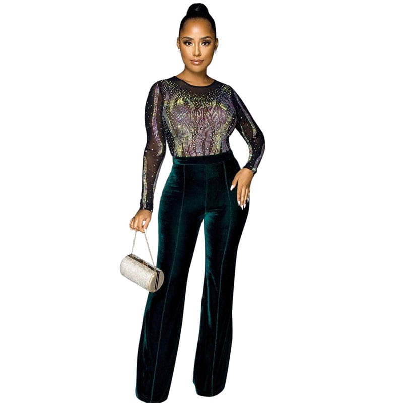 S / Dark green spring 2023 festival crystal rhinestone mesh sheer patchwork velvet pants long sleeve romper jumpsuit rhinestones women outfit