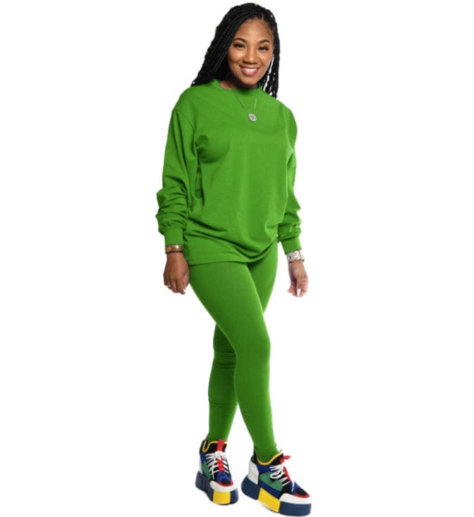 S / Fluorescent Green cotton women 2 piece sets clothing fall long sleeve two piece pants set for women