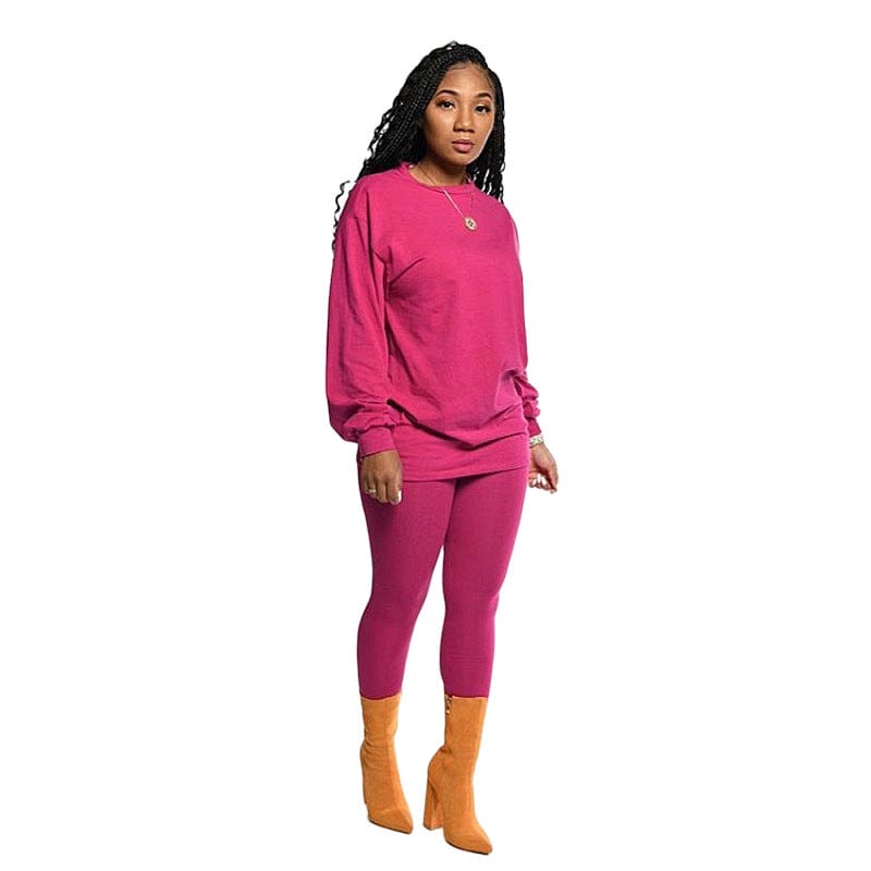 S / Fuchsia cotton women 2 piece sets clothing fall long sleeve two piece pants set for women