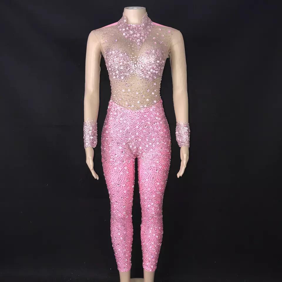 S / FX220829 pink Fall Black Long Sleeve Sexy Women Mesh See Through Jumpsuit Bodysuit Sparkly Rhinestone Diamond Bodycon Jumpsuits Party