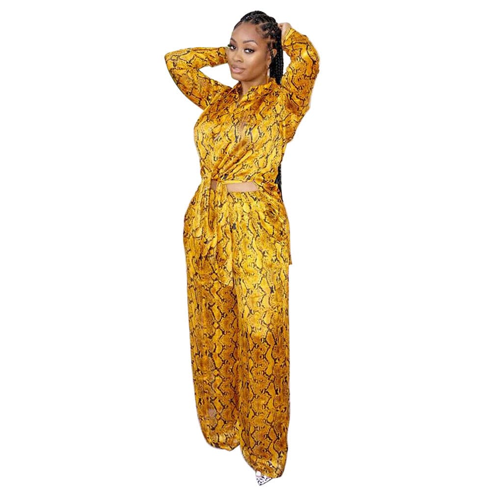 S / Golden C1102TA93 New Arrival Casual Print Long Shirt Wide Leg Pants 2 Piece Set Women Sehe Fashion