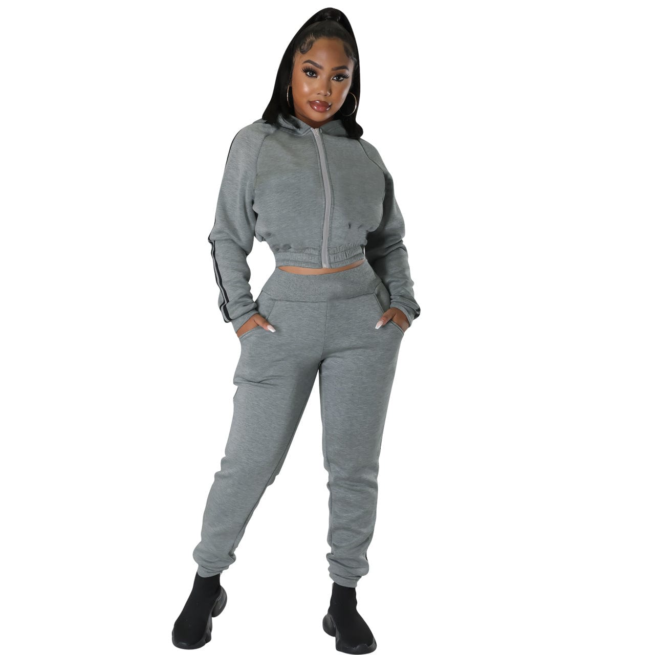 S / Gray C1101TA86 New Arrival Casual Zipper Hooded Sport Two Piece Pants Set Women Sehe Fashion