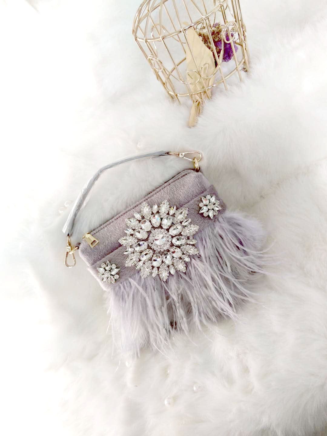 S / Gray Designer Wedding Party Handbag Rhinestone Feather Evening Tote Bag Ladies Luxury Ostrich Fur Women Purse and Handbag