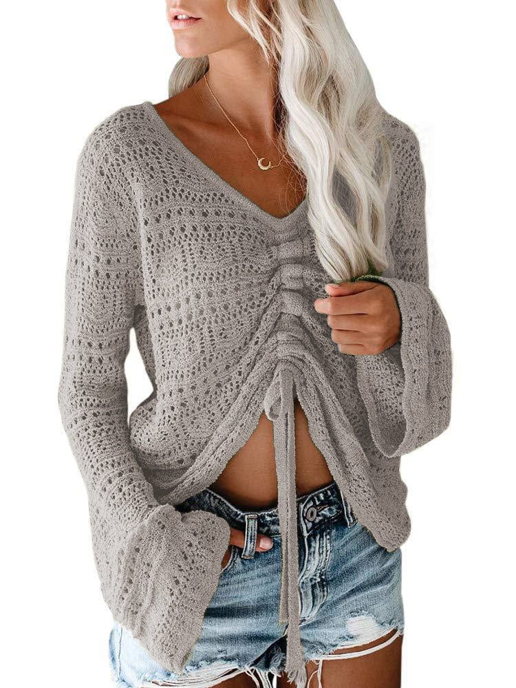 S / Gray fashion hollow out knitted blouses women casual top 2022 autumn drawstring v neck knit pullover sweater top