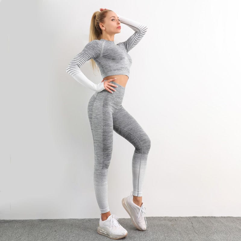 S / GRAY New Stripe Long Sleeve Seamless Knit Butt Lift Mesh High Waist Yoga Set Woman