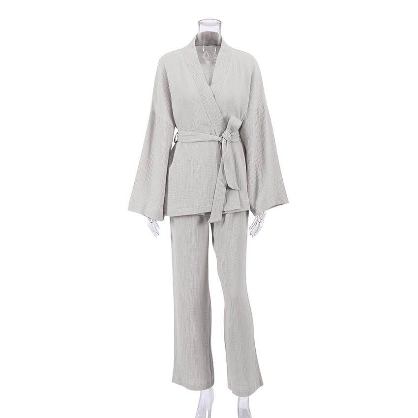 S / Gray OOTN Ladies Sleepwear Suit Women's Home Service Mujer Kimono Pajamas 2023 New 100% Cotton Crepe Long-Sleeved Trousers