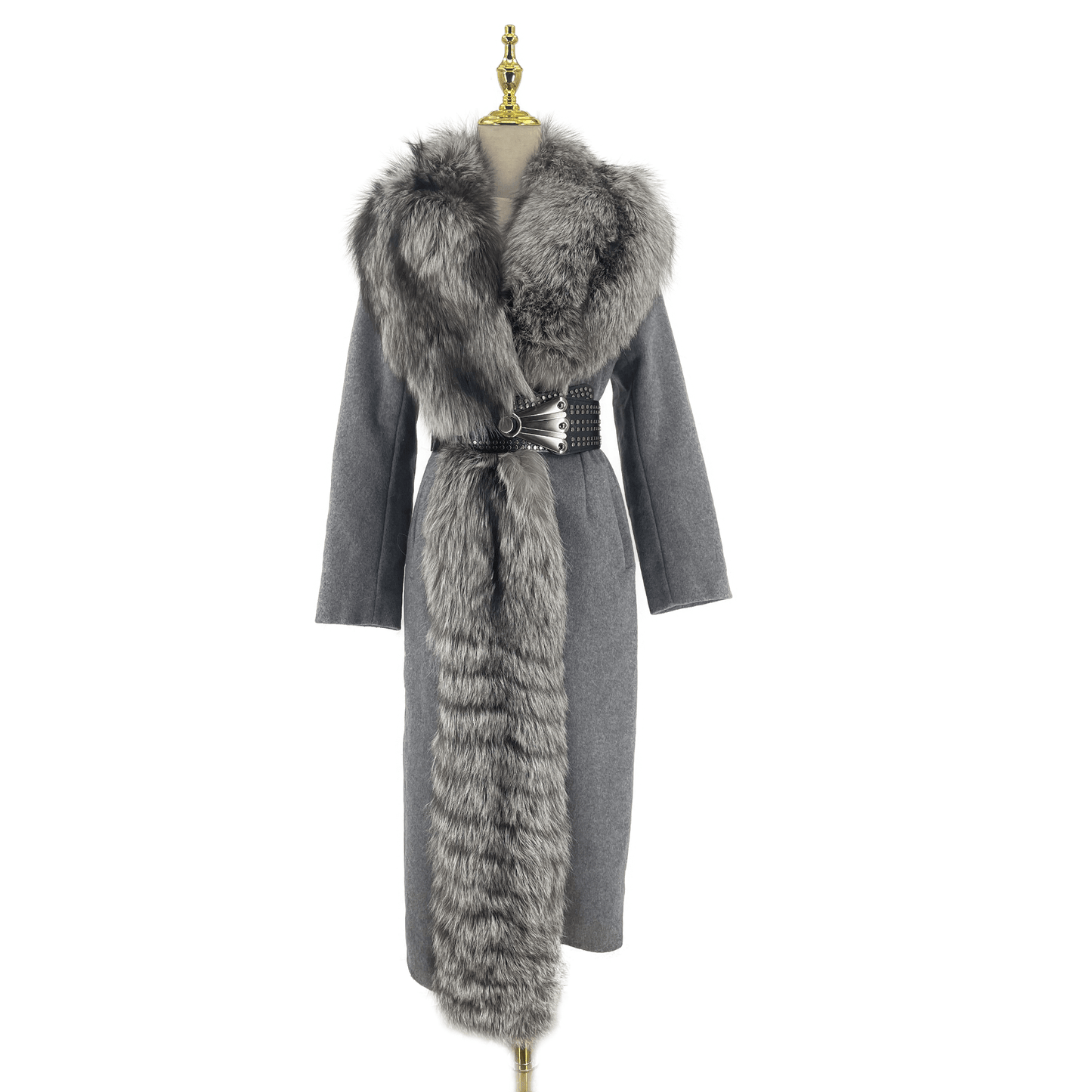 S / Gray QIUCHEN QC21149 Fashion Winter Women Elegant Sexy Belt Luxury Woolen Jacket Cashmere Coat With Fox Fur