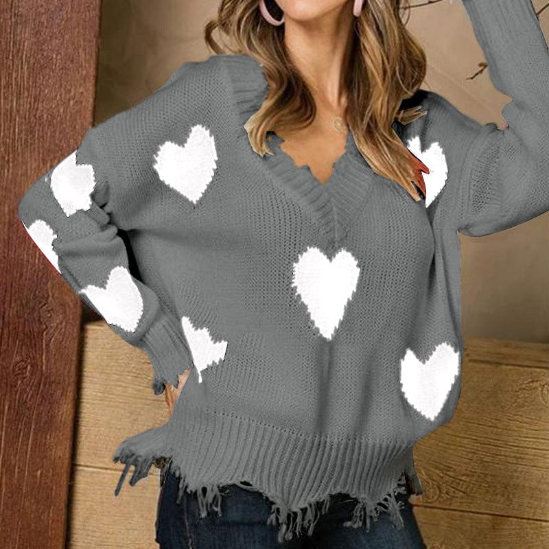 S / Gray + White Heart New Valentine's Day Sweater Women's Loose Pullover Heart-Shaped Multi-Part V-Neck