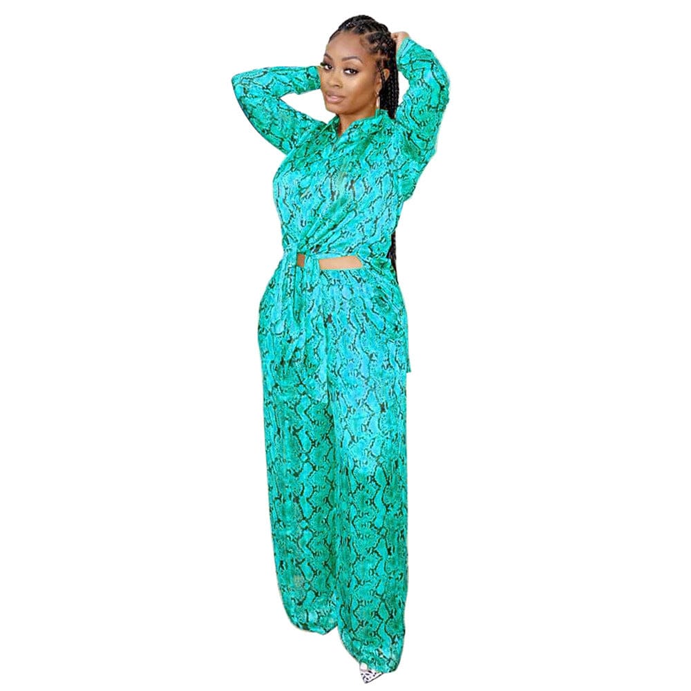 S / green C1102TA93 New Arrival Casual Print Long Shirt Wide Leg Pants 2 Piece Set Women Sehe Fashion