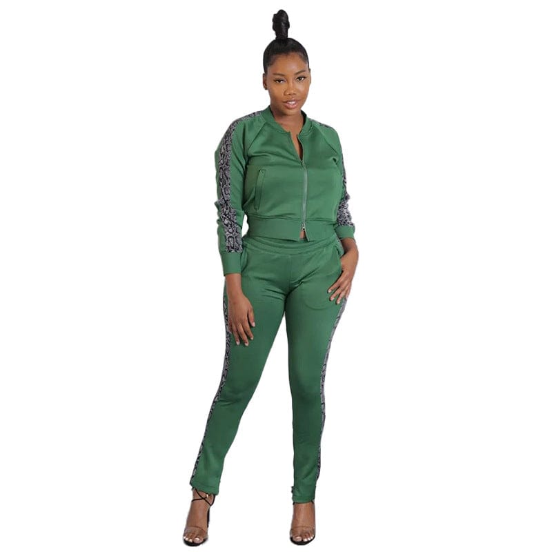 S / green C1102TA99 New Design Casual Zipper Coat Print Jogging Two Piece Pants Set Women Sehe Fashion