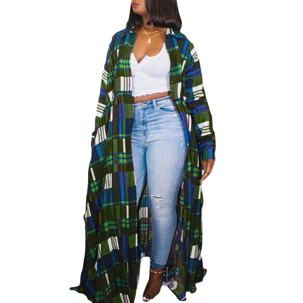 S / green C1104ME26 Street Style Plus Size Casual Plaid Print Loose Shirt Long Dress Women Sehe Fashion