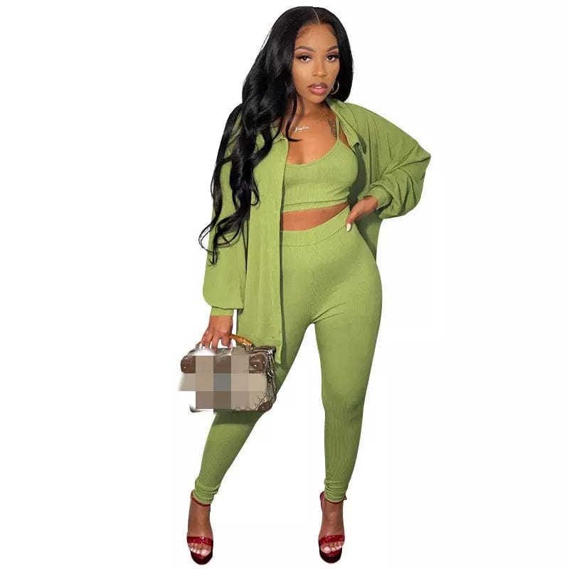 S / green cardigan tank top and pant there piece women outfit clothing 2022 autumn 3 piece pant suit