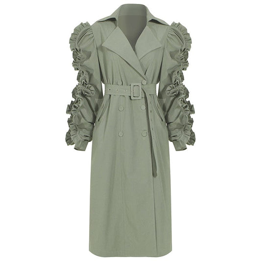 S / Green Coat Women's Elegant Ruffled Double Breasted Long Over-the-knee Windbreaker Trench jackets Women