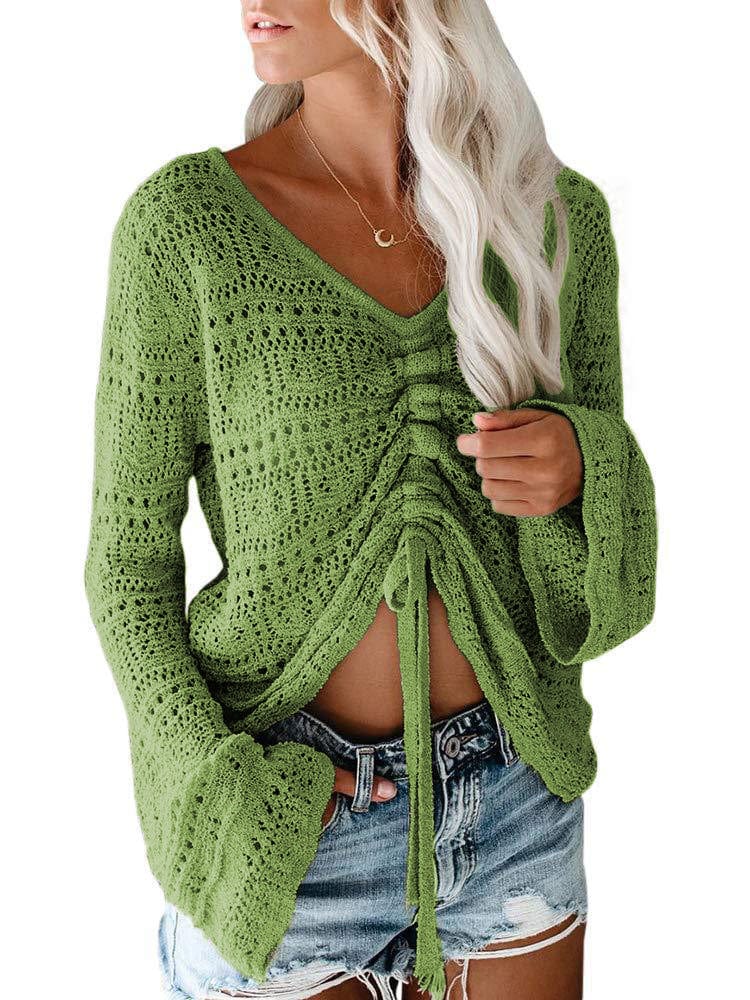 S / green fashion hollow out knitted blouses women casual top 2022 autumn drawstring v neck knit pullover sweater top