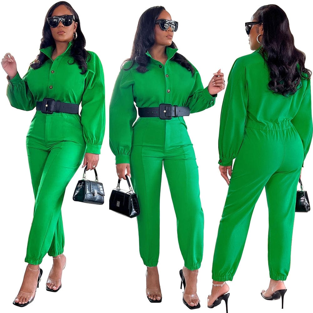 S / Green Jumpsuits Elegant Fashion Button Overalls Casual Lapel Jumpsuits Bodysuits For Women Overalls Jumpsuits