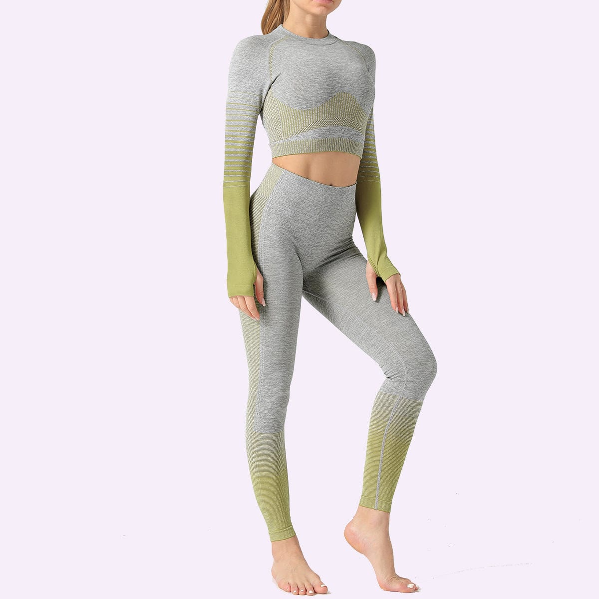 S / green New Stripe Long Sleeve Seamless Knit Butt Lift Mesh High Waist Yoga Set Woman