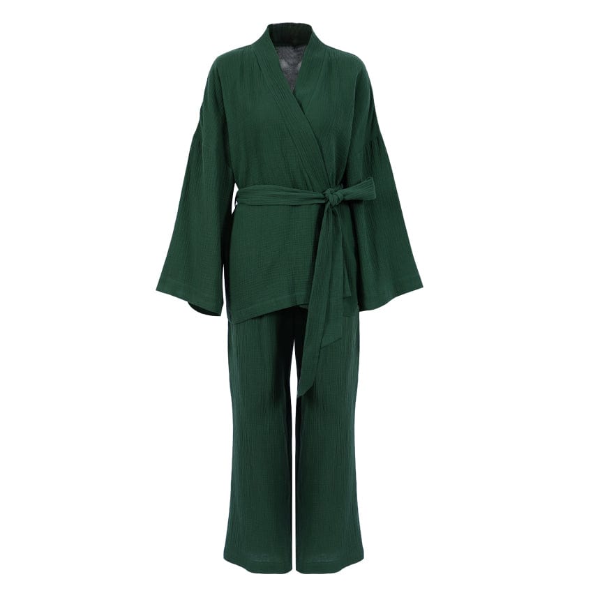 S / green OOTN Ladies Sleepwear Suit Women's Home Service Mujer Kimono Pajamas 2023 New 100% Cotton Crepe Long-Sleeved Trousers