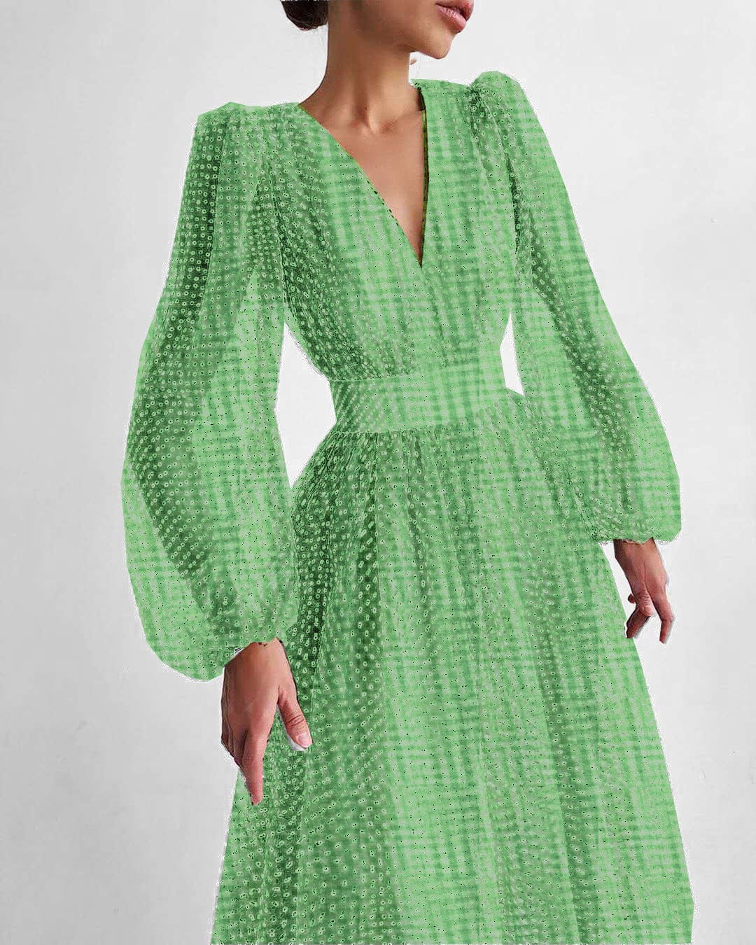 S / Green OUDINA Fashion Temperament Formal Elegant Party Lady Puff Sleeve Polka Dot Dress Womens Dresses