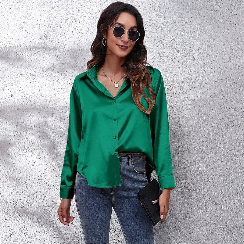 S / green Silk Women's Shirt Long Sleeve Fashion Woman Blouses 2023 Satin Top Female Shirts and Blouse Basic Ladies Tops OL Women Clothing