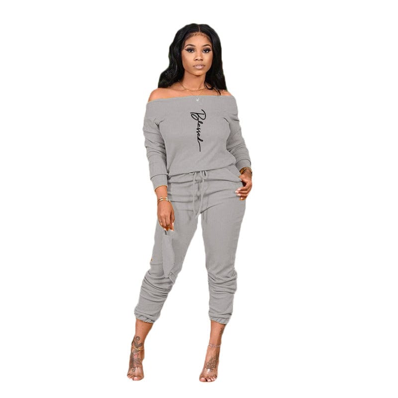 S / Grey Z67972 Fall Fashion Off Shoulder women Casual Print two piece pants set