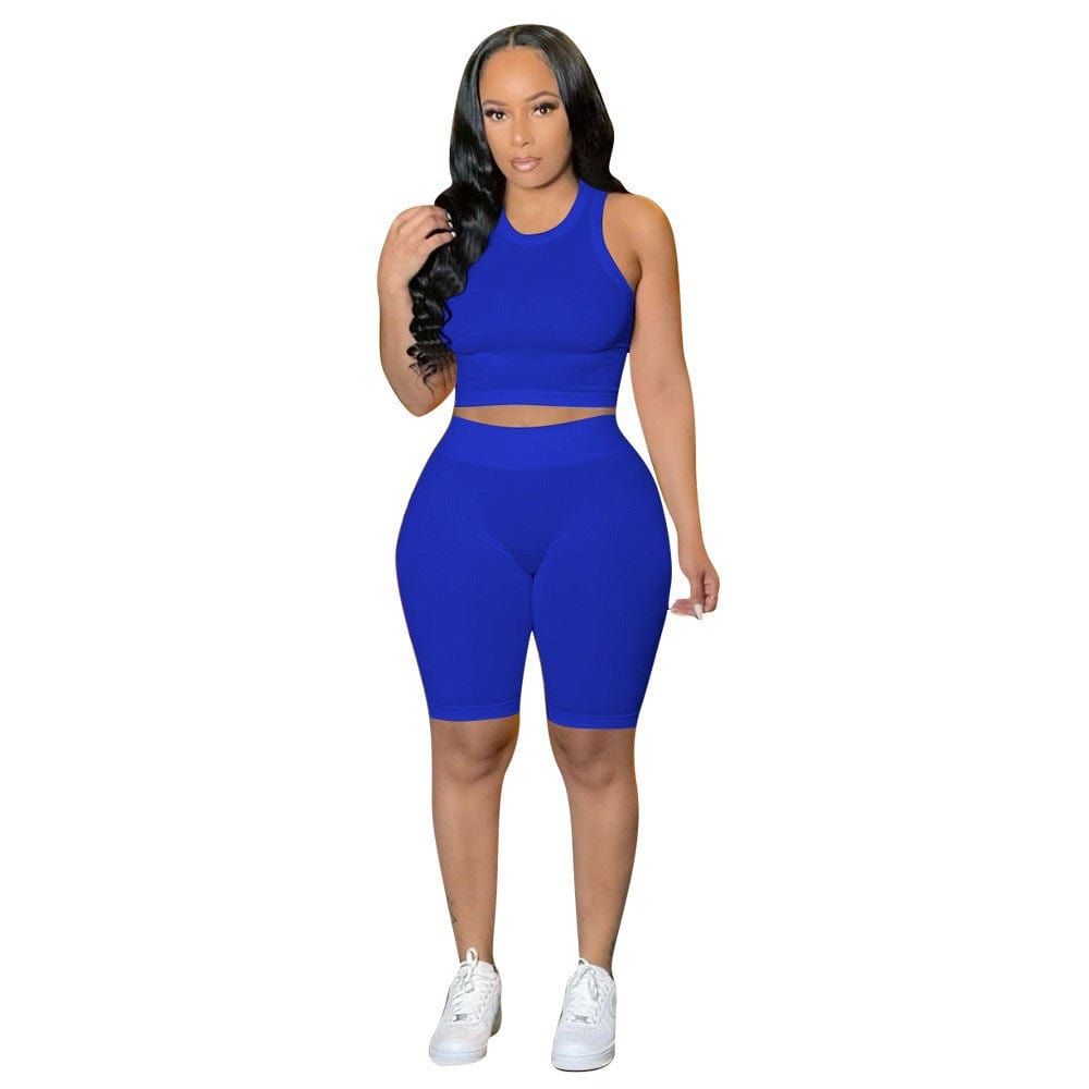 S / J6204 BLUE OCS custom logo 2022 racer back Crop Tank Top and Shorts Set solid sleeveless lounge wear Ribbed Two Piece Biker Set for Women