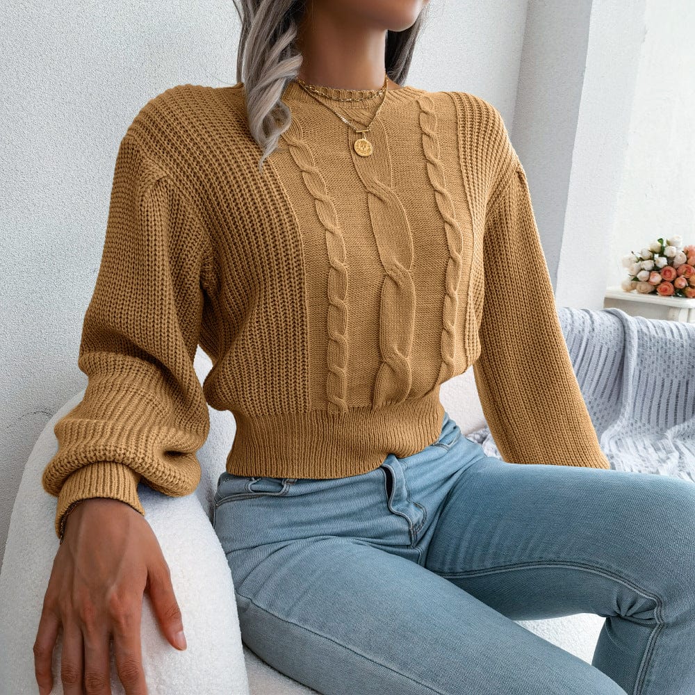 S / Khaki 10%OFF Autumn and winter European and American casual twist lantern sleeve waist knitted sweater women's pullover