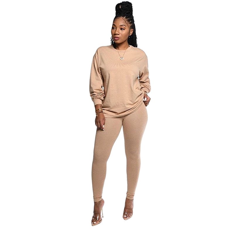 S / Khaki cotton women 2 piece sets clothing fall long sleeve two piece pants set for women