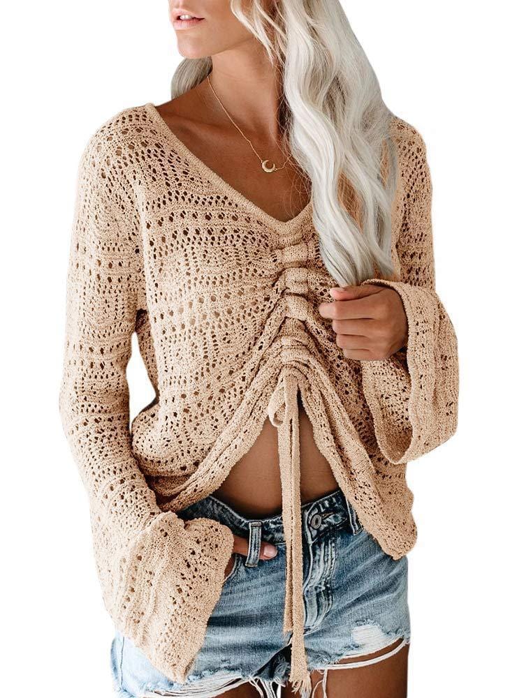 S / Khaki fashion hollow out knitted blouses women casual top 2022 autumn drawstring v neck knit pullover sweater top