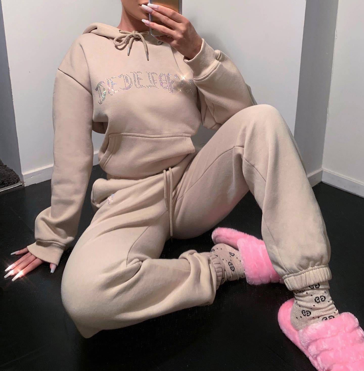 S / Khaki New Fashion Two Piece Set Hoodie Women Sweatsuits Set with Hoodie Pants Sports Suit