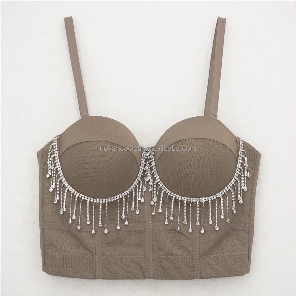 S / Khaki NOVANCE tops de mujer de moda 2022 sexy hot girls suspenders diamond fringed white crop top short slim camisoles