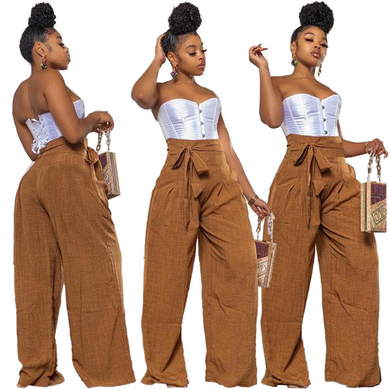 S / Khaki OUDINA New Arrivals Casual Pants For Women Long Trousers  High Waist Belt Drawstring Wide Leg Pants