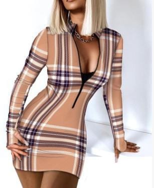 S / Khaki Z80106 Sexy Zipper Collar Simple dresses Midi Casual Long Sleeve women Print Dress