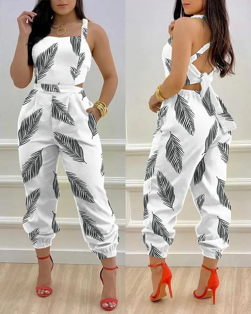 S / leaf print Wholesale Women's Loose Cut Out One Piece Jumpsuit Workout Sleeveless Backless  Cargo Jumpsuits Women 2022