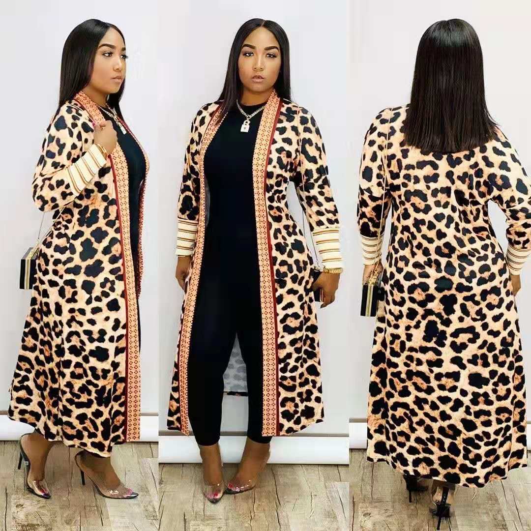 S / Leopard print wholesale women S~4X fashion camouflage jacket cardigan leopard long coats for ladies