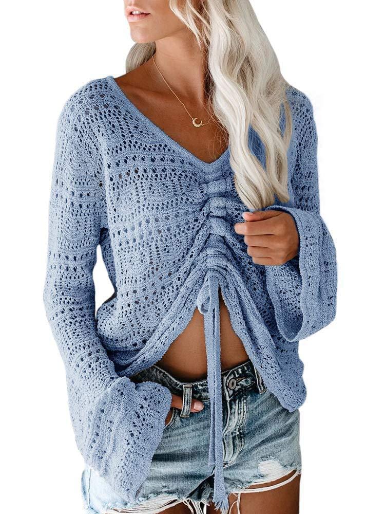 S / Light Blue fashion hollow out knitted blouses women casual top 2022 autumn drawstring v neck knit pullover sweater top