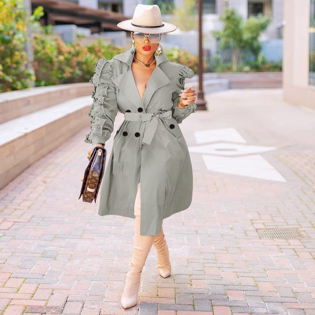 S / Light Blue Fashion Spring Fall Stacked Sleeve Midi Women'S Trench Coats Long For Ladies Women