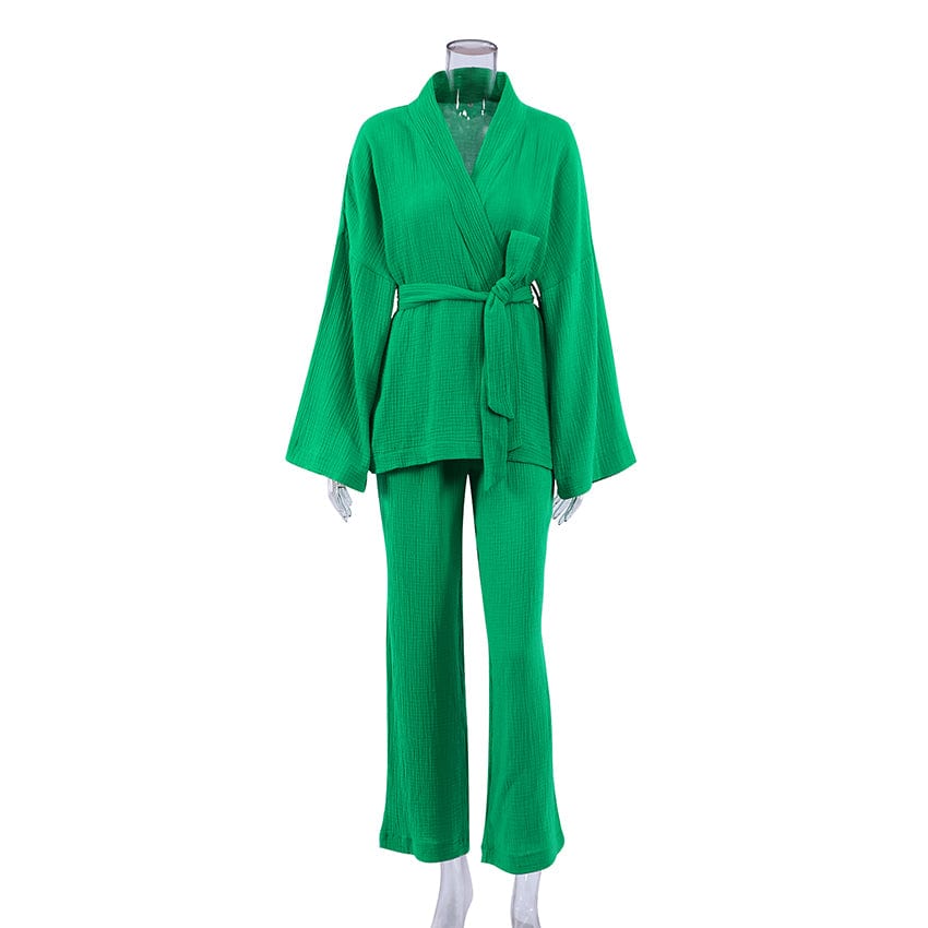 S / Light Green OOTN Ladies Sleepwear Suit Women's Home Service Mujer Kimono Pajamas 2023 New 100% Cotton Crepe Long-Sleeved Trousers